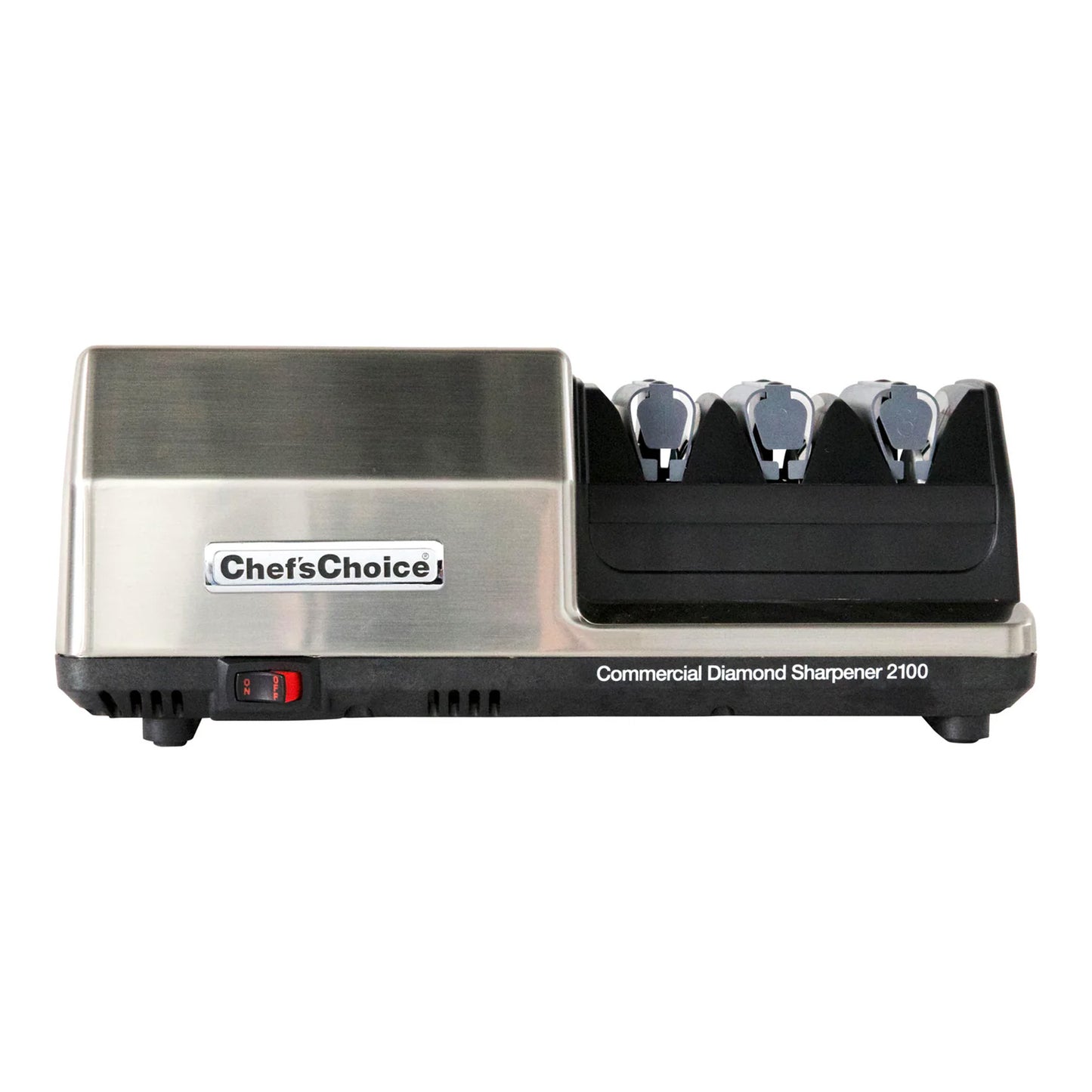 Silver Chef'sChoice commercial knife sharpener with black sharpening slots