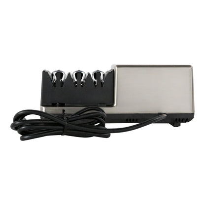 Commercial knife sharpener with silver housing, black head, and attached power cord