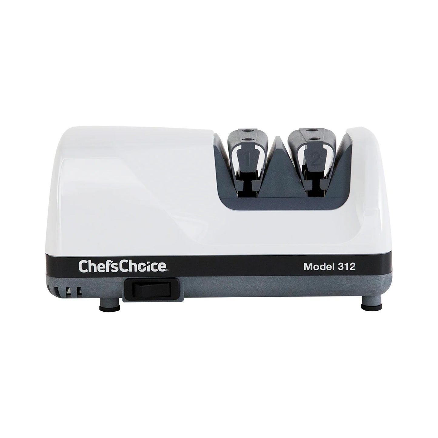 White countertop knife sharpener with handle and two sharpening slots