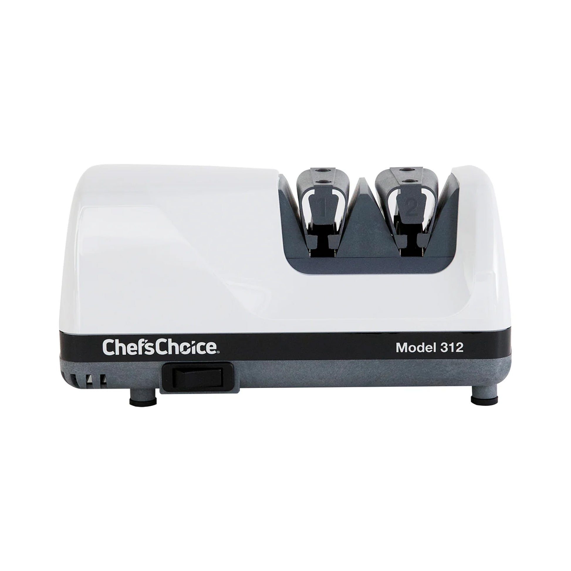 White countertop knife sharpener with handle and two sharpening slots