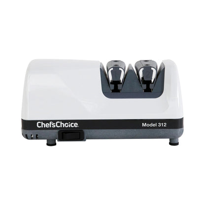 White countertop knife sharpener with handle and two sharpening slots