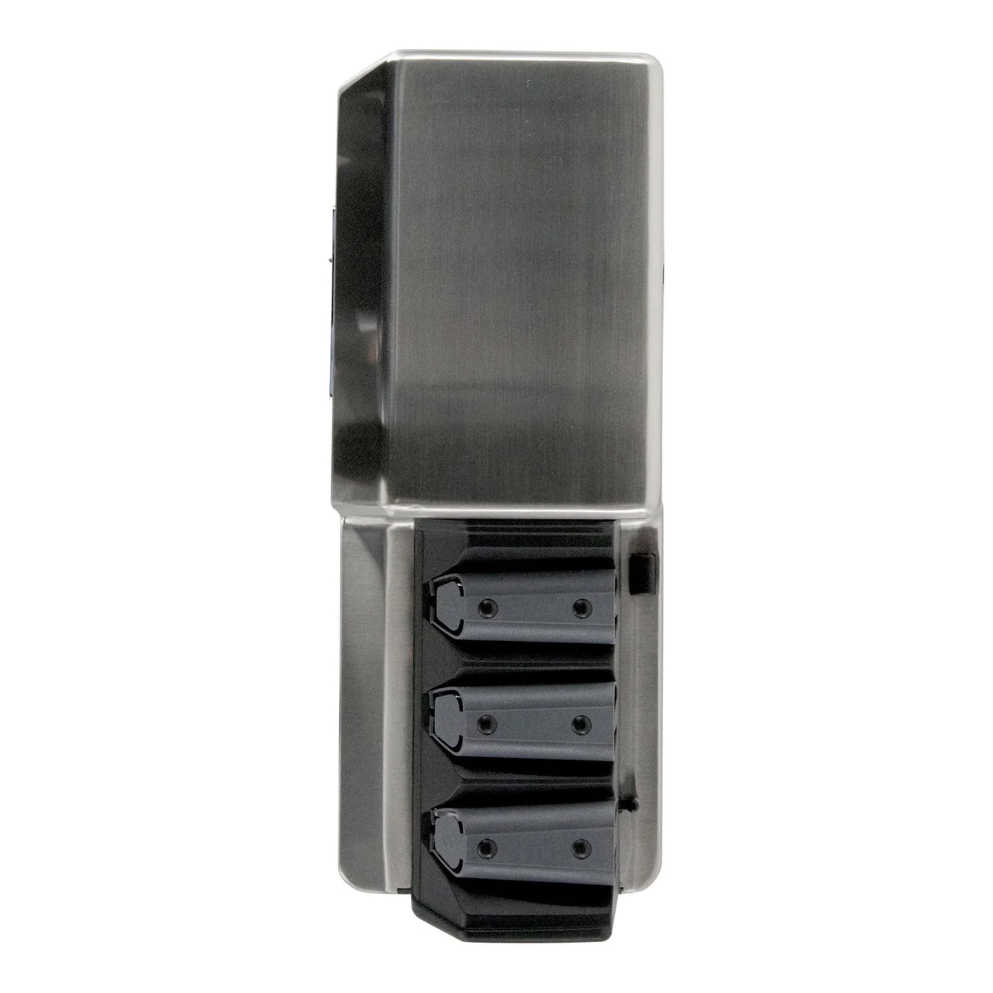 Rear view of silver commercial knife sharpener showing black mounting ports