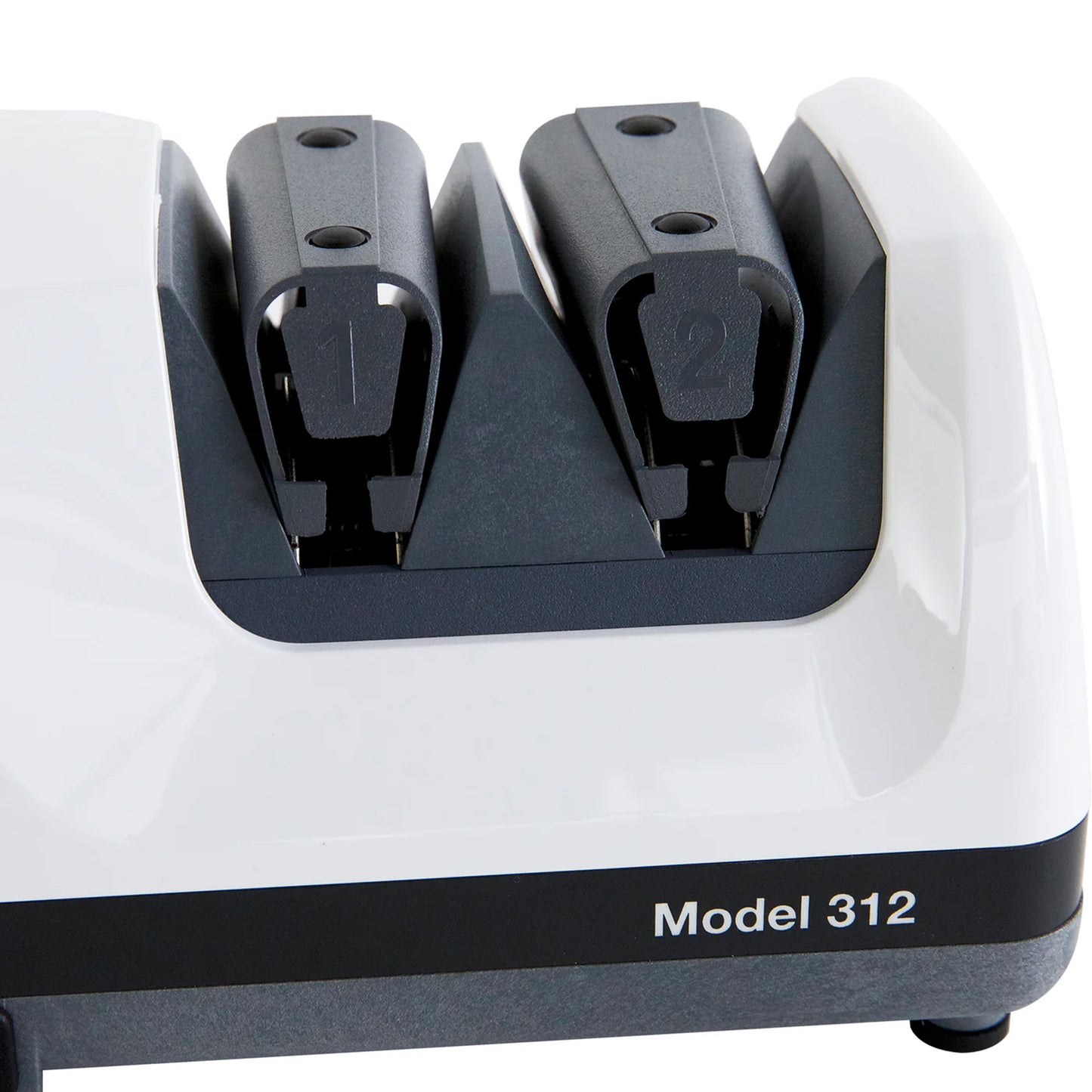 White knife sharpener showing two-stage slots marked 1 and 2