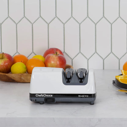 White countertop knife sharpener with two sharpening slots